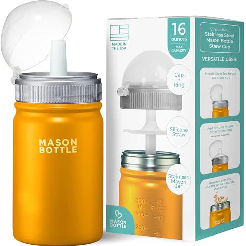 Mason Bottle 16oz Kids Mason Jar Cup with Lid and Straw – Stainless Steel Sippy Cup for Toddlers – BPA-Free, Spill-Proof, Smoothie and Snack Cup – Regular-Mouth, Single-Wall (Yellow)