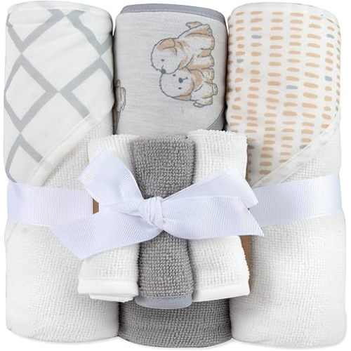 Hooded Baby Bath Towel and Washcloth 6 Piece Set for Newborns Infants & Toddlers, Boys & Girls Baby Hooded Towels (Puppies & Patterns)