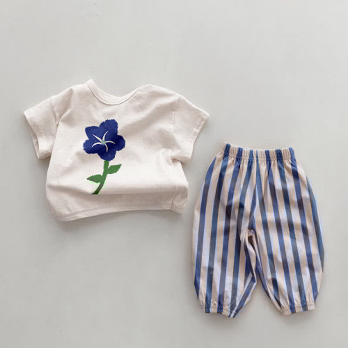 Baby 2-Piece Blue Flower Vertical Striped Set