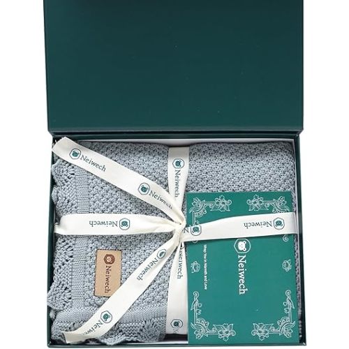 Neiwech Organic Cotton Baby Blanket Knit Soft Receiving Swaddling Crib Nursery Blankets for Newborns Infants Boys Girls Blue 30x40 Inch