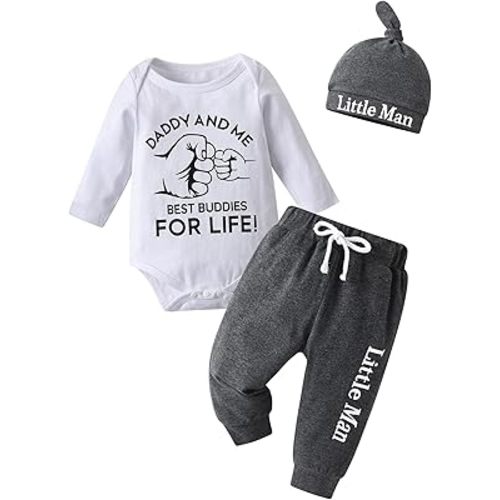 Newborn Infant Baby Boys Clothes Little Man Print Long Sleeve Romper Bodysuit Pants Hat 3 PCS Outfit Set