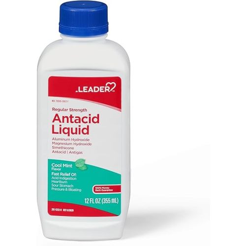 Leader Antacid Liquid with Aluminum Hydroxide, Simethicone, Antacid/Antigas for Heartburn Relief, Acid Indigestion, Pressure & Bloating, Sour Stomach, Cool Mint Flavor 12 FL oz
