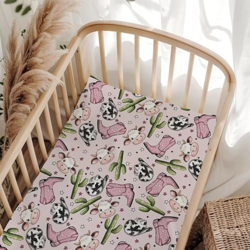 Cute Western Cowgirls Hat Boot Stars Pink Baby Crib Sheet for Boys & Girls 28"x52" Breathable Cowgirl Cows Cactus Baby Sheet for Standard Crib and Toddler Wild West Bed Mattress Bed Sheets