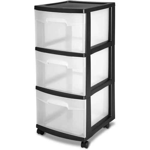 3 Drawer Rolling Plastic Storage Cart with Large Durable Clear Drawers and Removable Wheels, Suitable for Bedroom, Dormitory, Closet, Kitchen and Office (BLACK)