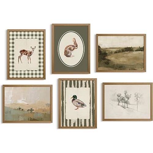 Vintage Nursery Wall Art Baby Boy Room Canvas Wall Decor Hunting Animal Prints Kids Poster Deer Duck Pictures Nursery Neutral Artwork Rabbit Painting for Children Bedroom 8x10 Inch Framed Set of 6