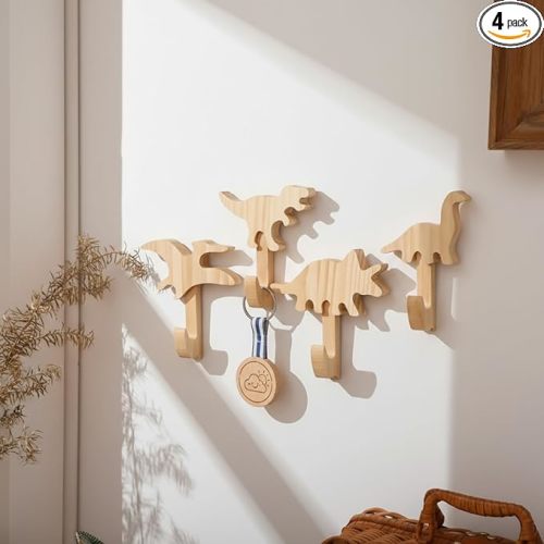 Kathfly 4 Pcs Dinosaur Hooks Kids Coat Hooks Wall Mount Cute Wood Door Hangers Coat Racks for Kids Room Nursery Children Bathroom Decor for Hanging Hats Backpacks Towels Keys Clothes