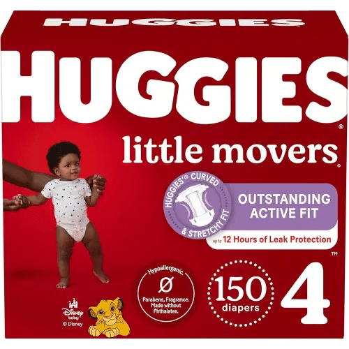 Huggies Size 4 Diapers, Little Movers Baby Diapers, Size 4 (22-37 lbs), 150 Count (6 Packs of 25), Packaging May Vary