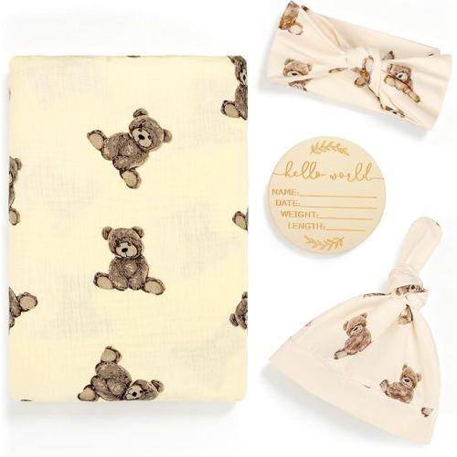 TANOFAR Muslin Swaddle Blankets for Girls Boys 4 Pack, Ultra Breathable Receiving Blankets Large 47 x 47 inches with Matching Headband and Beanie Set Baby Nursery Swaddle Wrap, Cute Bear