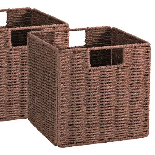 Vagusicc Wicker Storage Basket, Set of 2 Hand-Woven Storage Baskets for Shelves, Foldable Cube Storage Baskets Bins with Handles, 9 inch Small Wicker Baskets for Organizing Pantry Bedroom, Brown