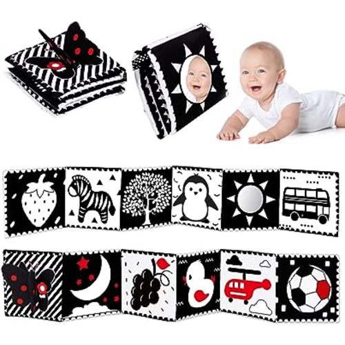 Jouets pour bébé : Jouets de temps sur le ventre en noir et blanc à fort contraste avec miroir, livre en tissu doux pour nouveau-nés de 0 à 6 mois, cadeau pour le développement du cerveau