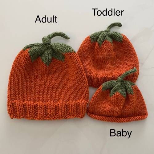 Knit pumpkin hat; Mommy and Me; baby child beanie; handmade baby shower gift; Halloween, fall, autumn newborn; orange green pumpkin costume