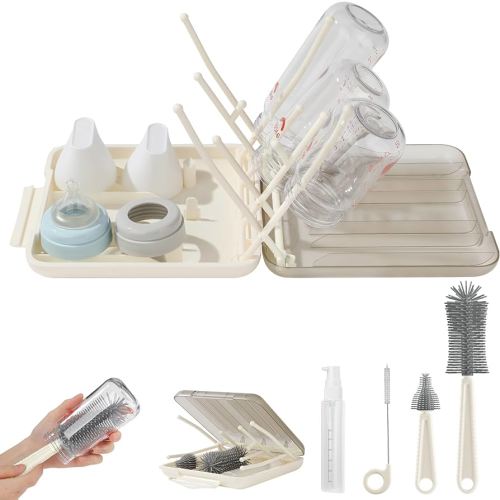 6 in 1 Baby Bottle Brush Set,Bottle Cleaner Brush Kit with Silicone Bottle Brush,Drying Rack,Nipple Brush,Straw Brush,Soap Dispenser&Storage Box,Portable Baby Essentials for Home&Travel (White)