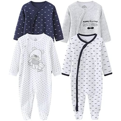 Baby Boys Girls Footies One-Piece Romper Long-Sleeve Jumsuit Cotton Newborn Clothes Set 4-Pack, Baby Pajamas
