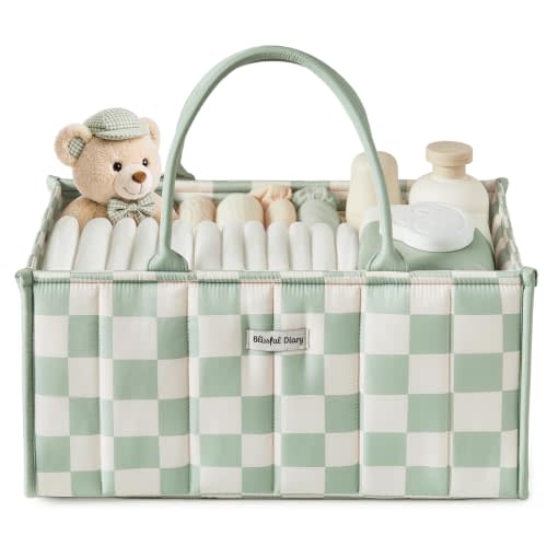 Blissful Diary Gingham Diaper Caddy Organizer, Nursery Storage, Light Green | Portable Storage Basket with Removable Dividers, Gift for Baby Shower, Newborn Boy & Girl Essentials, Baby Registry Must Have