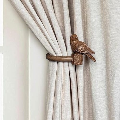 Curtain Drapery Holdbacks with Resin Bird, Wall Mount Drapery Hooks Holders, Set of 2, Wood Color, Suitable for Drywall