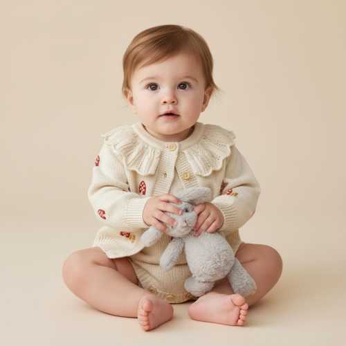 Embroidered Mushroom Baby Knit Cardigan Romper Set, Vintage Style Childrens Kids