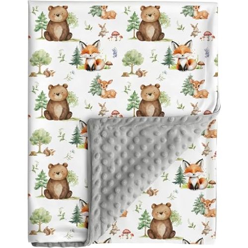 Jola's House Woodland Baby Blanket Gender Neutral Minky Blankets for Newborn Baby Girls or Boys Nursery Toddler Double Layer Blanket with Dotted Backing