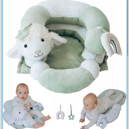 2-in-1 Tummy Time Mat and Seated Support with Sensory Toys – for Newborns and Babies – Includes Detachable Cushion for Supervised Play & Head/Neck Development (Sage)