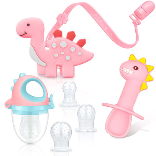 TitaCare Dinosaur Baby Teething Toys Set, Dinosaur Teether, Dinosaurs Silicone utensils spoon , Dinosaur Food Feeder Pacifier with 3 Silicone Sacs, and Silicone Pacifier Clip, 4 Pack