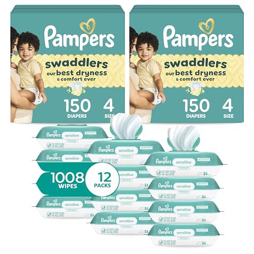 Pampers Swaddlers Disposable Baby Diapers Size 4, 2 Month Supply (2 x 150 Count) with Sensitive Water Based Baby Wipes 12X Multi Pack Pop-Top and Refill (1008 Count)