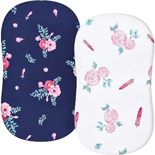 TILLYOU Baby Bassinet Sheets for Girls Boys, Fit for Hourglass Oval Rectangle Bassinet Mattress Sheets, 33”X16”, 2 Pack Floral Flowers