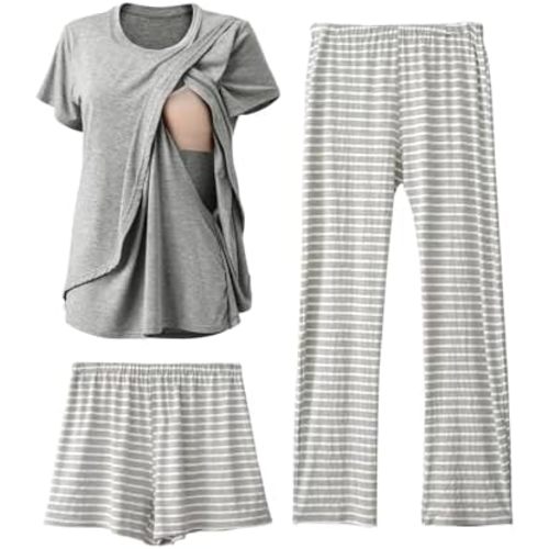 Rnxrbb 3 Piece Postpartum Nursing Pajamas Set Maternity Breastfeeding Pjs