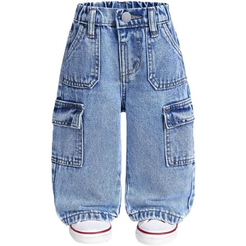 Ltvoo Toddler Boys Cargo Denim Pants Elastic Waist Straight Wide Leg Baggy Jeans Casual Loose Kids Clothes for 6M-3Y (6-9M)