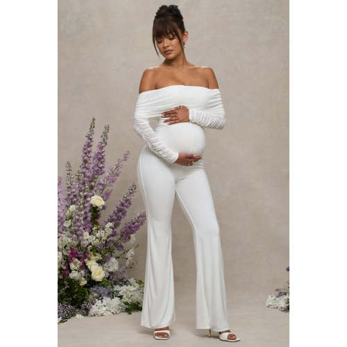 Count Down | White Maternity Ruched Mesh Bardot Jumpsuit