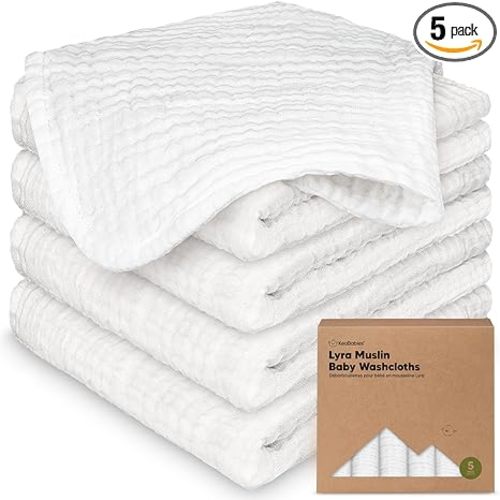 5-Pack Muslin Baby Washcloths for Newborn – 12x12" Soft Absorbent Organic Cotton Muslin Wash Cloths for Babies Girl, Boy, Infant, Toddlers, Kids Face Towel, Bath Essentials,Baby Burp Rags (Soft White)