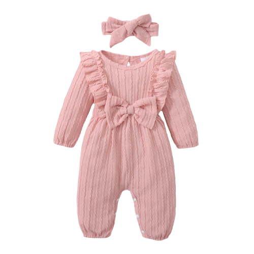 Kucnuzki Newborn Baby Girls Bodysuits Long Sleeves Ribbed Rompers Solid Color Overall with Headband 2pcs One-piece Fall Pink 9-12 Months