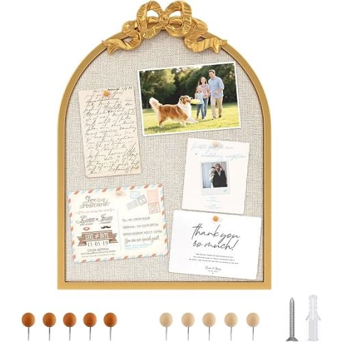 Vintage Arched Linen Cork Board with Gold Bow – 16"x21" Decorative Bulletin Board for Walls, Metal Frame Pin Board for Notes, Photos & Reminders, Elegant Vision Board for Home & Office