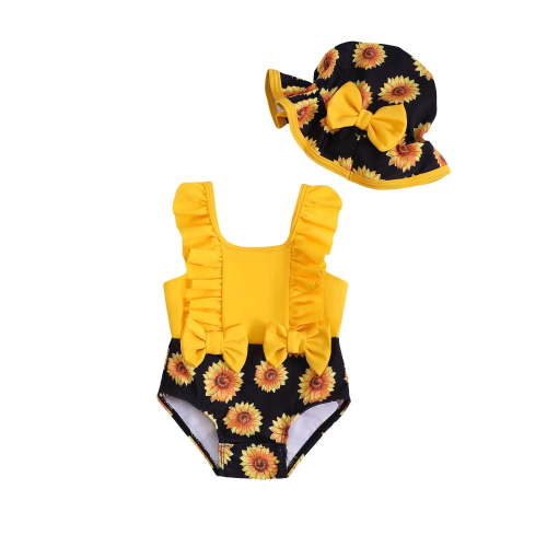 KIMI BEAR Newborn Baby Girls Summer One-piece Swimsuits 3-6 Months Ruffle Sleeveless Backless Bathing Suits Color Block Floral Rash Guard Beach Wear with Hat 2PCS Yellow