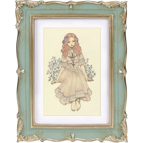 PHAREGE Vintage Picture Frame 5x7 Mint Green Gold, 5 by 7 Ornate Decorative Antique Frame with Mat for 4x6 Photo, Fancy Matted Frame for Desktop or Wall, Horizontal or Vertical