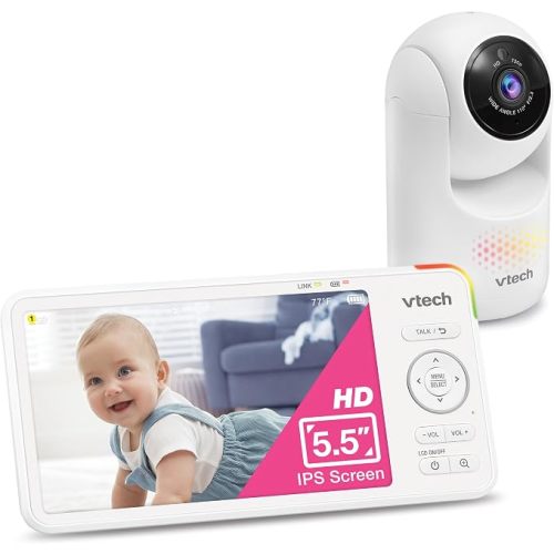 VTech Video Baby Monitor No WiFi, 5.5-Inch HD IPS Screen, Remote Pan Tilt Zoom Camera, Night Light, 5000mAh 19H Battery, 1000ft Range, Night Vision, 2-Way Talk, Temperature Sensor | Advanced HD Plus