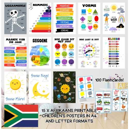 Afrikaans Language Printable Educational Classroom / Nursery Posters and Flashcards - Instant Digital Download