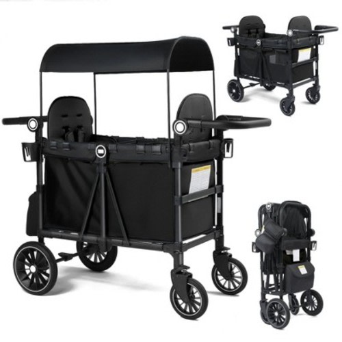 Kinder King All-Terrain Stroller Wagon for 2 Kids with Canopy, Shock-Absorbing Wheels, Storage Bag, Snack Tray & Adjustable Leather Handle, Black