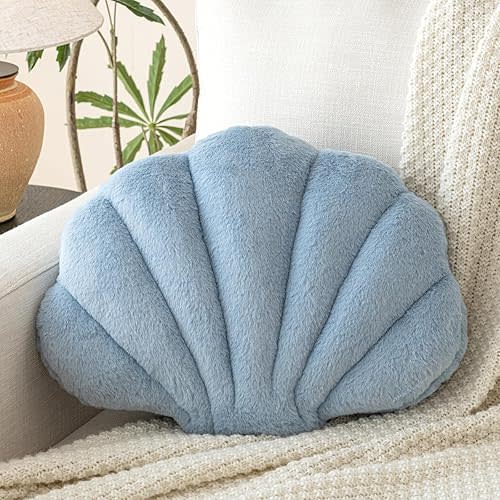 Shell Pillow, Seashell Throw Pillow with Soft Rabbit Plush for Couch Bed, Shell Shaped Decorative Ocean Pillow Stylish Beach Cushion Room Decor Aesthetic for Bedroom Livingroom