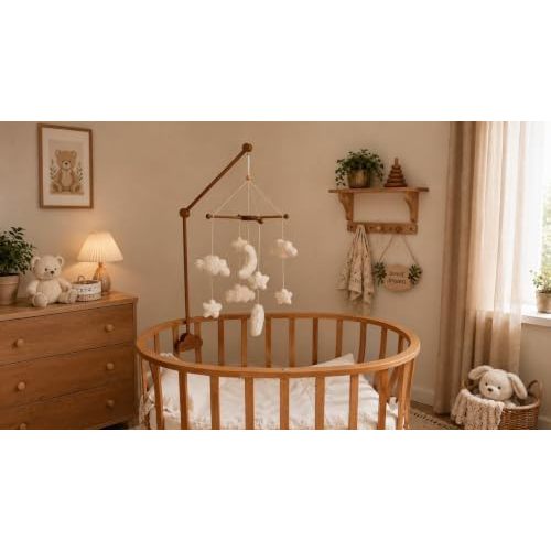 Crib Mobile Arm, 35.4 Inch Wooden Baby Mobile Holder with Cloud Clamp, 2 Wooden Clamps Included, Only Wood Touches Your Crib, Nursery Mobile Hanger, Handmade, Natural Linseed Oil