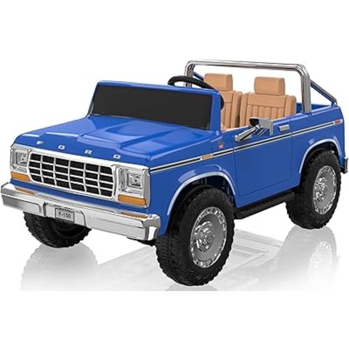 ANPABO Licensed Ford F-150 24V 2 Seater Ride on Car for Kids, 4x100W Motors for All-Terrain Electric Car w/Parental Remote, Retro Style, 3-Speeds, Large Storage Box, Music Player, Aged 3-8, Dark Blue