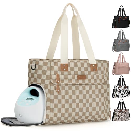 Pritent Large Travel Diaper Bag Tote with 14 Inch Laptop Sleeve, Breast Pump Bag for Mom and Dad, Mommy Maternity Travel Baby Bag for Boys and Girls, Plaid