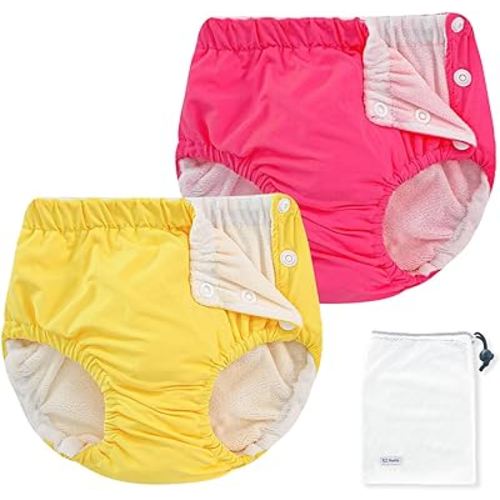 EZ Moms 2 Packs Reusable Swim Diapers Infant Baby Swim Diapers 6-9 Months Washable Snap Pool Swimming Diaper 6-12 Months Newborn Water Diaper for Swimming Lessons Boys and Girls with a Laundry Bag