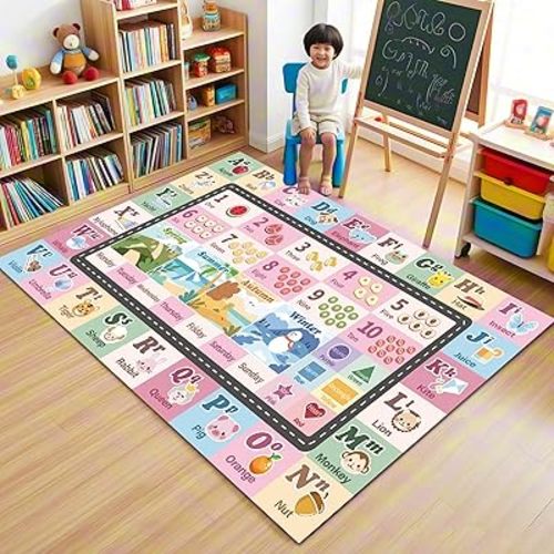 Kids ABC Rug for Playroom, Classroom Alphabet Area Carpet Playmat,Washable Toddler Mat for Baby Room,Play Room,Bedroom,Floor,Nursery (Pink,4'x6')