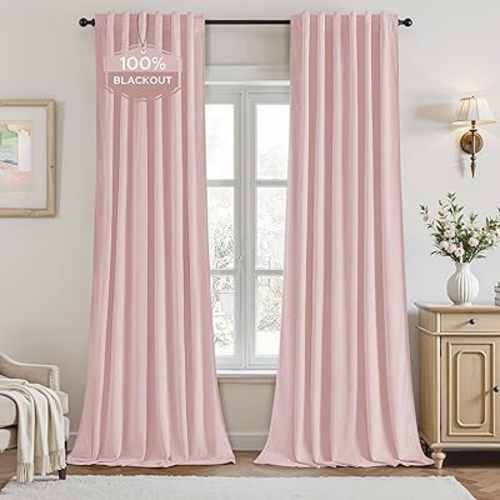 HOMEIDEAS 100% Blackout Pink Velvet Curtains, Thermal Noise Reduction Luxury Velvet Curtains for Bedroom Decor, Living Room, Girls Room, 52 X 84 Inch, 2 Panels
