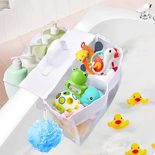 Baby Bath Toys Storage,Saddle Shape 4 Compartments Mesh Bath Toy Organizer,Quick Access Bath Toy Holder For Bathtub,Quick Dry Baby Bath Toy Storage For Tub,Mesh Shower Caddy
