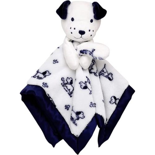 Plush Rattle Baby Snuggle Blanket with Satin, Blue and White Little Me Puppy Toile Print, Puppy Toy (14 inch)