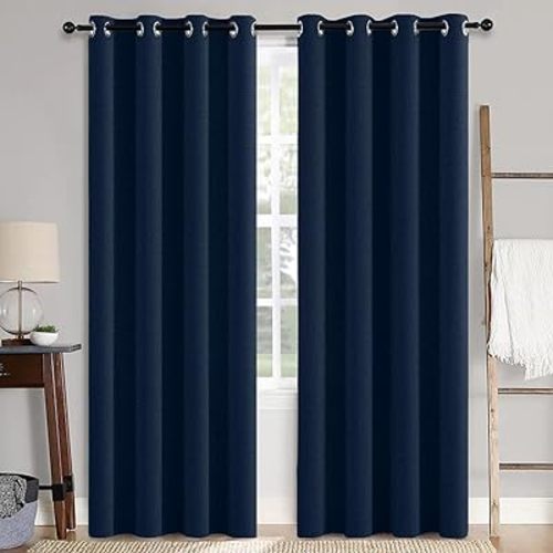 MIULEE 100% Blackout Linen Textured Curtains for Bedroom Solid Thermal Insulated Midnight Blue Grommet Room Darkening Curtains & Drapes Luxury Decor for Living Room 52 x 84 Inch (2 Panels)