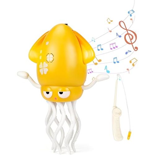 Dancing Octopus Toy with Fishing Rod, Tummy Time Toys for Babies - USB Rechargeable with Smart Obstacle Dodging, Electric Musical Dancing Squid Toy, Interactive Gift for Boys & Girls (Yellow)