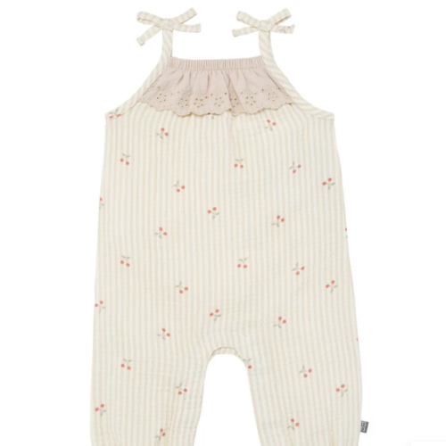 Baby Girls Beige Cherry Stripe Sleeveless Ruffle Romper