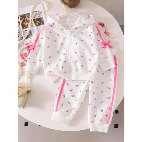 2pcs Baby Girl Ditsy Floral 3D Bow Hooded Sweatshirt With Pants Set, Cute Sweet For Outing, Home And Party | SHEIN USA