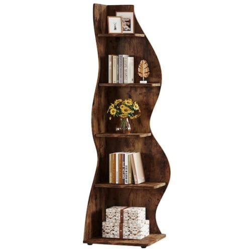 Eulas 69.8 in. Tall Rustic Brown Wood 5-Shelf Standard Bookcase Corner Bookshelf with Storage Shelf and Curvy Shape